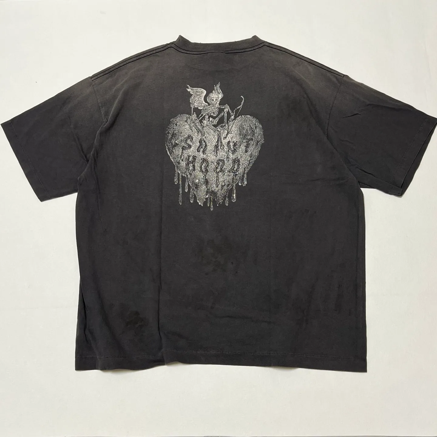 SAINT Mxxxxxx × NEIGHBORHOOD STHD . SS TEE FEARLESS/BLK NBHD Takizawa Shinsuke co-branded whiskey label/love skull angel distressed short sleeves washed black S-XL tube weave without side seam fabric ready-made Assute dyeing custom-woven NBHD co-branded main mark washed mark truly correct version top-level printing process restoration distressed treatment